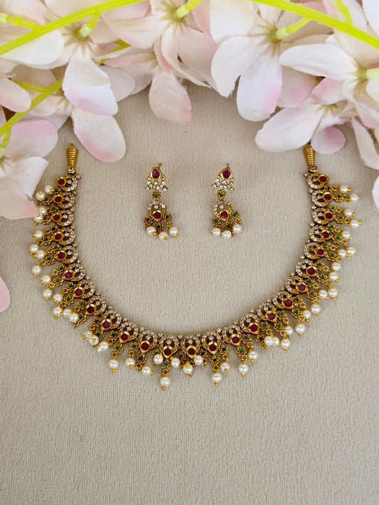 Antique Stone Necklace With Pearl Drops N066