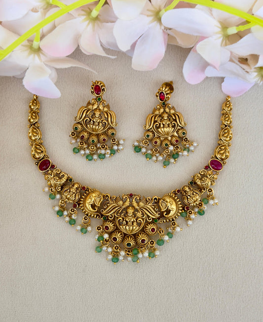 Antique Temple Necklace With Green And Pearl Drops N036