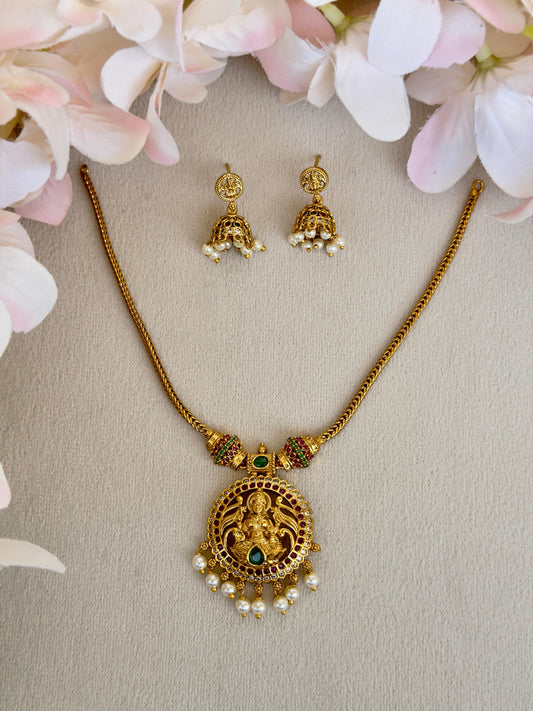 Elegant Lakshmi Necklace With Ruby And Green Stones N017