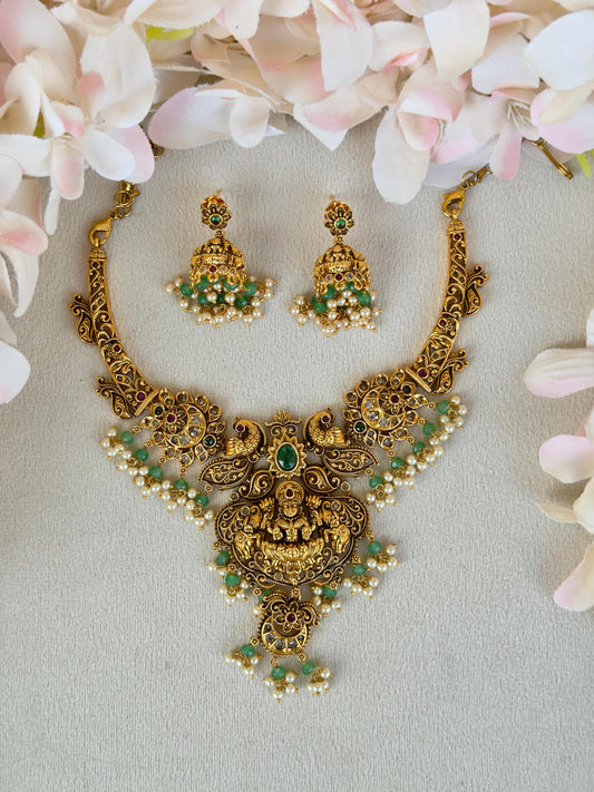 Grand Antique Lakshmi Necklace With Green And Pearl Drops N019