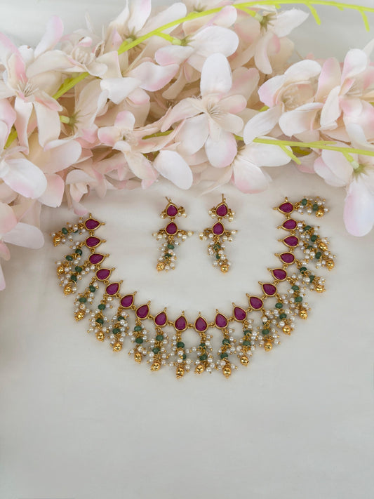 Premium Jadau Necklace With Green And Pearl Drops N202